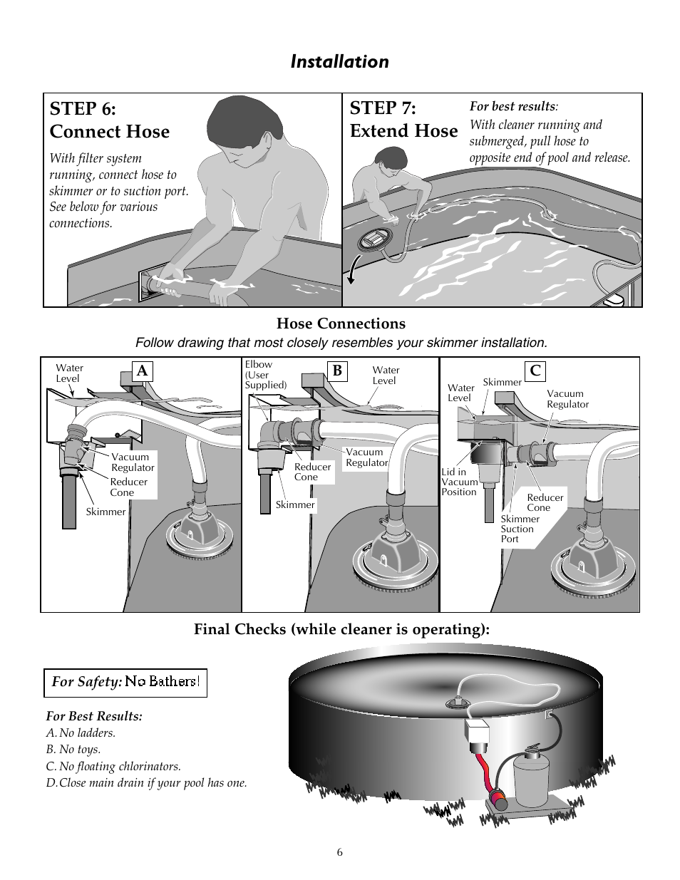Installation, Step 6: connect hose, Step 7: extend hose | Final checks (while cleaner is operating), Hose connections, Cb a | STA-RITE `LIL SHARK GW8000 User Manual | Page 6 / 24