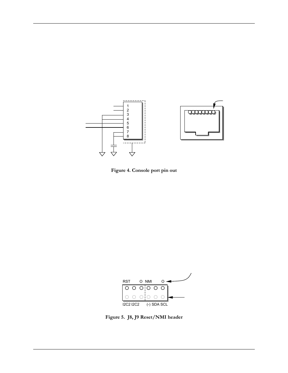 2 console port, 3 pushbutton reset / interrupt, Figure 4. console port pin out | Figure 5. j8, j9 reset/nmi header | SBE HighWire HW400c/2 User Manual | Page 26 / 104