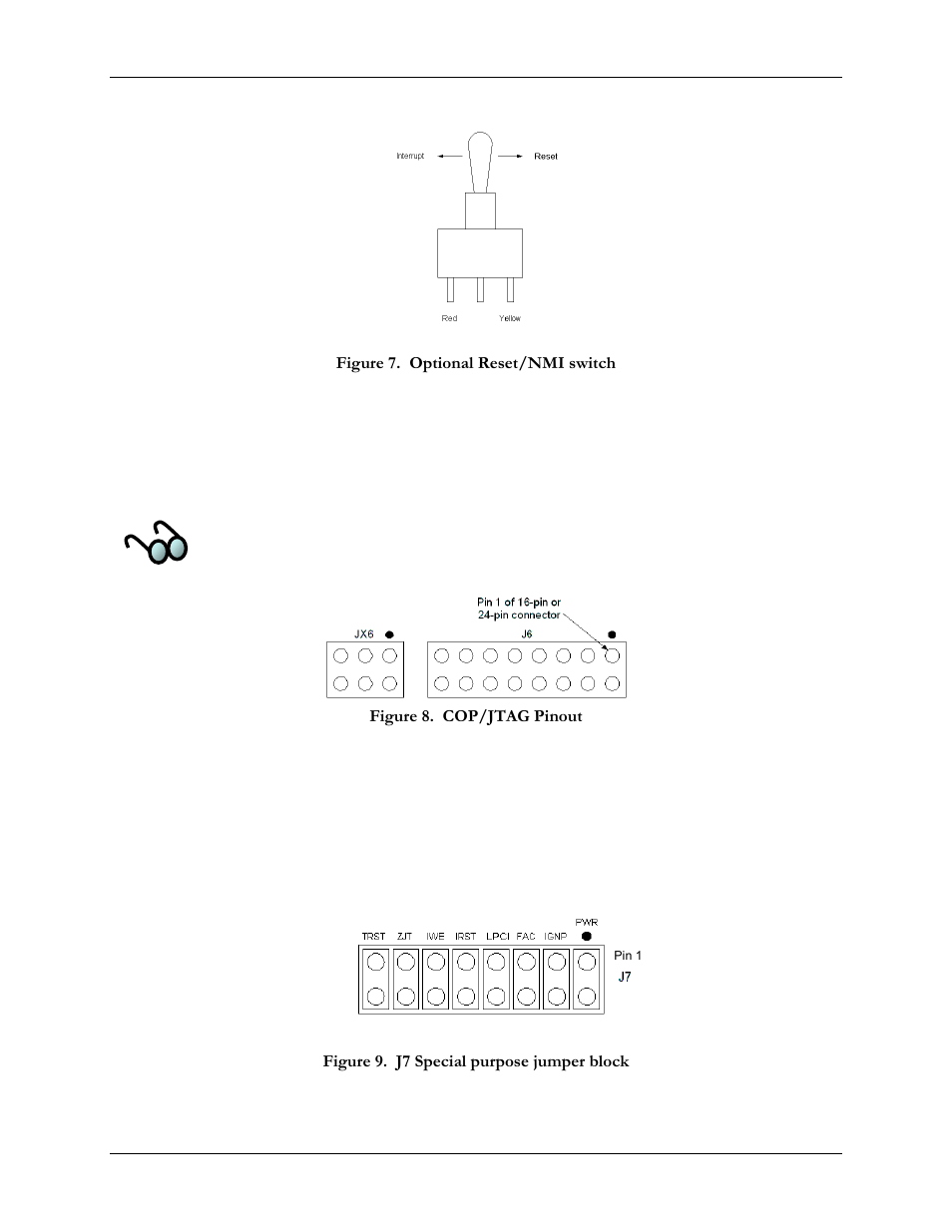 4 cop/jtag port, 5 special purpose jumper block, Figure 7. optional reset/nmi switch | Figure 8. cop/jtag pinout, Figure 9. j7 special purpose jumper block | SBE HighWire HW400c/2 User Manual | Page 28 / 104