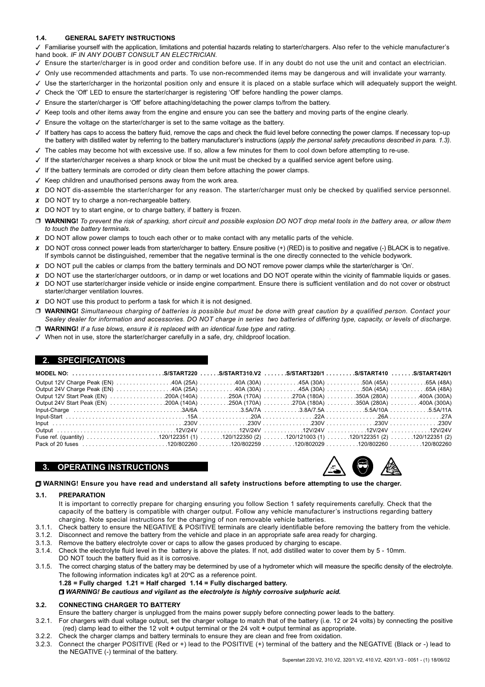 Specifications, Operating instructions | Sealy SUPERSTART 420/1.V3 User Manual | Page 2 / 3