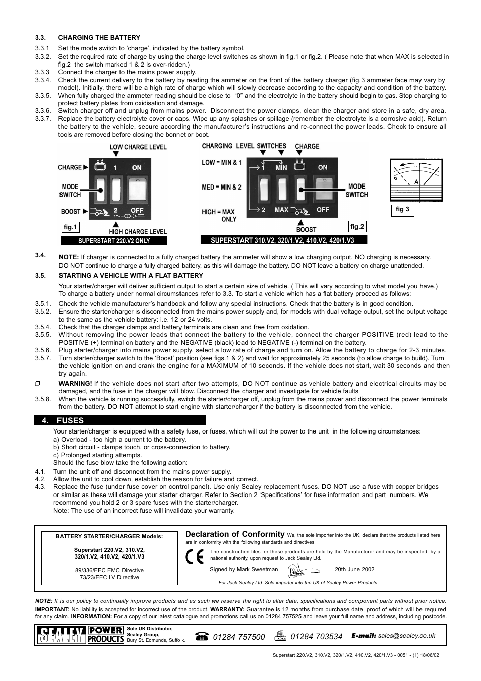 Declaration of conformity, Fuses | Sealy SUPERSTART 420/1.V3 User Manual | Page 3 / 3