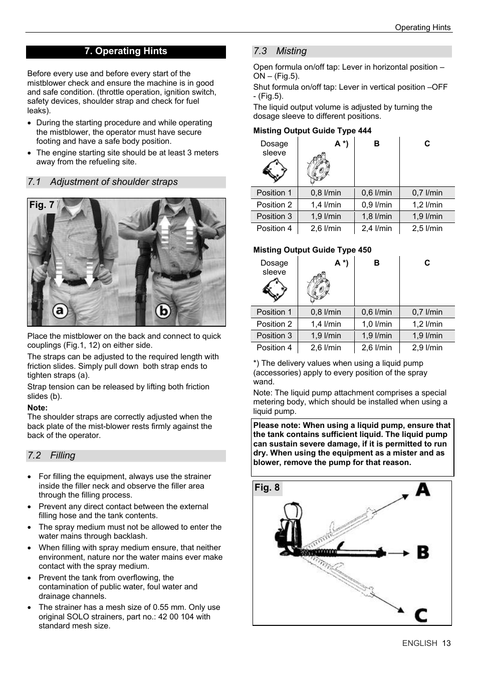 Operating hints, 1 adjustment of shoulder straps, 2 filling | 3 misting, Adjustment of shoulder straps, Filling, Misting | Solo USA MISTBLOWER 444 User Manual | Page 13 / 18