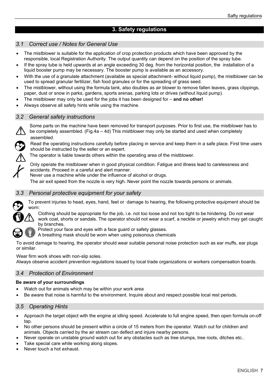 Safety regulations, 1 correct use / notes for general use, 2 general safety instructions | 3 personal protective equipment for your safety, 4 protection of environment, 5 operating hints, Correct use / notes for general use, General safety instructions, Personal protective equipment for your safety, Protection of environment | Solo USA MISTBLOWER 444 User Manual | Page 7 / 18