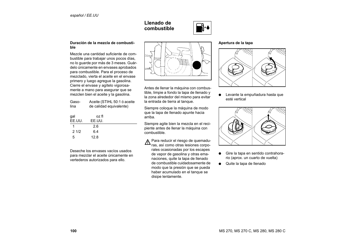 Llenado de combustible | Solo USA MS 270 User Manual | Page 101 / 134