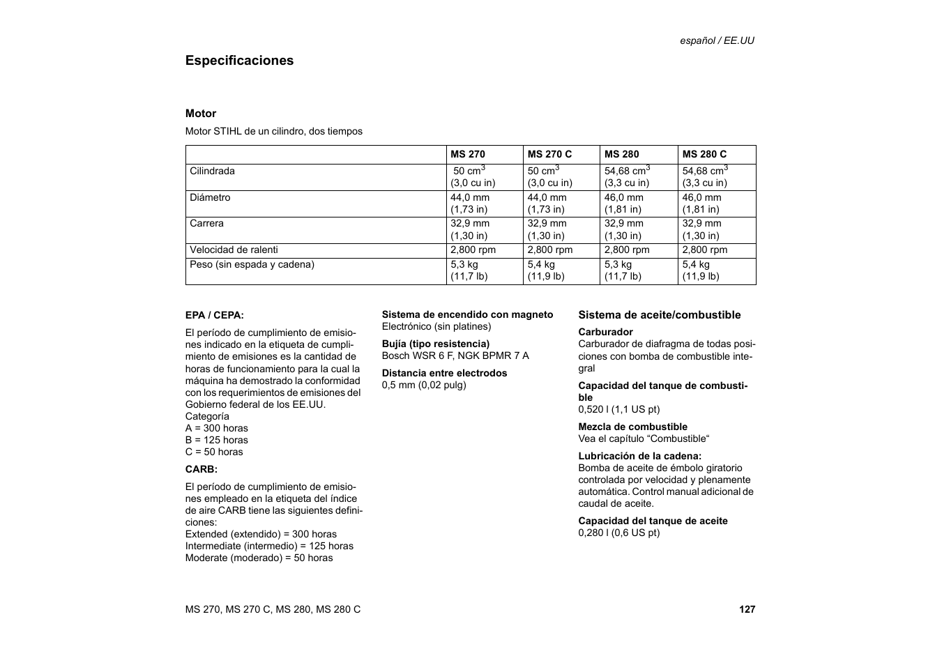 Especificaciones | Solo USA MS 270 User Manual | Page 128 / 134