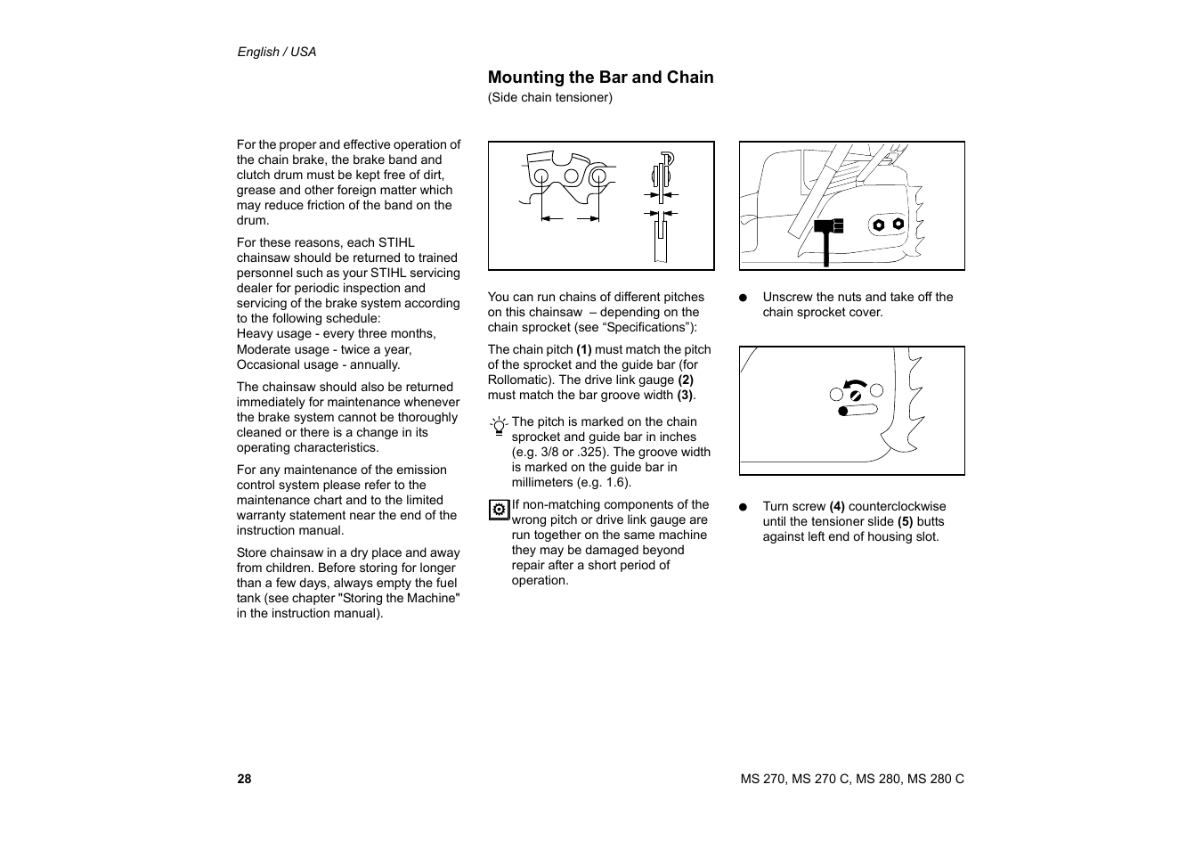 Mounting the bar and chain (side chain tensioner), Mounting the bar and chain | Solo USA MS 270 User Manual | Page 29 / 134