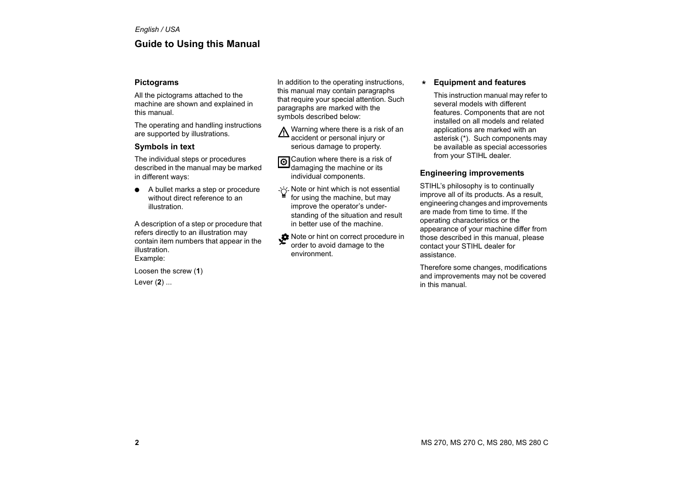 Guide to using this manual | Solo USA MS 270 User Manual | Page 3 / 134