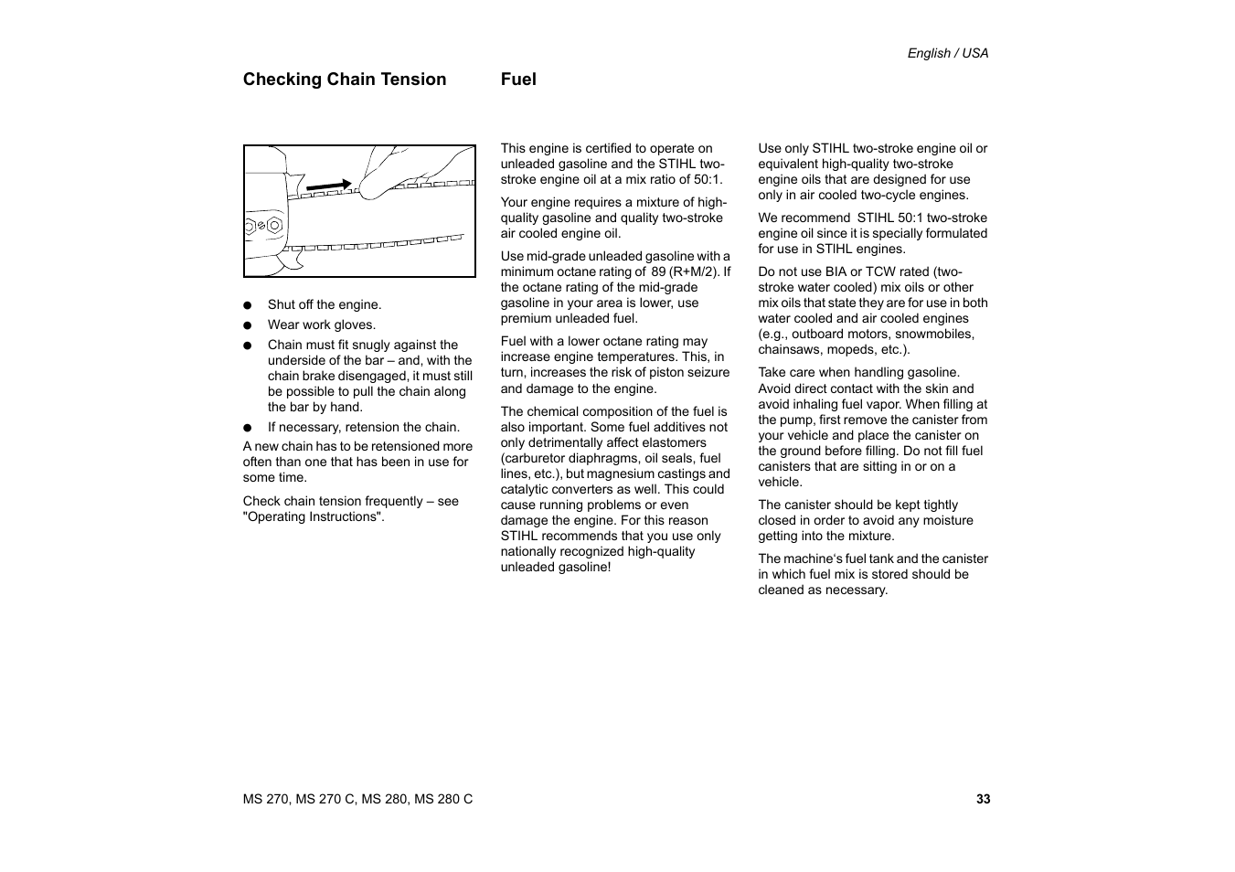 Checking chain tension, Fuel, Checking chain tension fuel | Solo USA MS 270 User Manual | Page 34 / 134