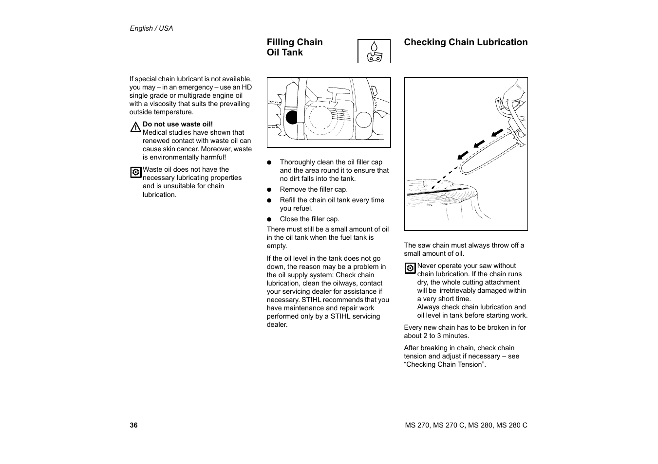 Filling chain oil tank, Checking chain lubrication, Filling chain oil tank checking chain lubrication | Solo USA MS 270 User Manual | Page 37 / 134