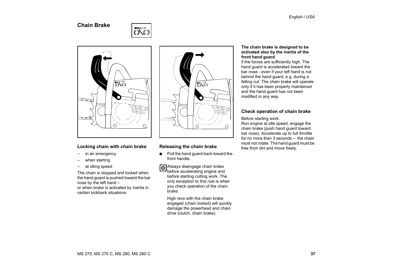 Chain brake | Solo USA MS 270 User Manual | Page 38 / 134