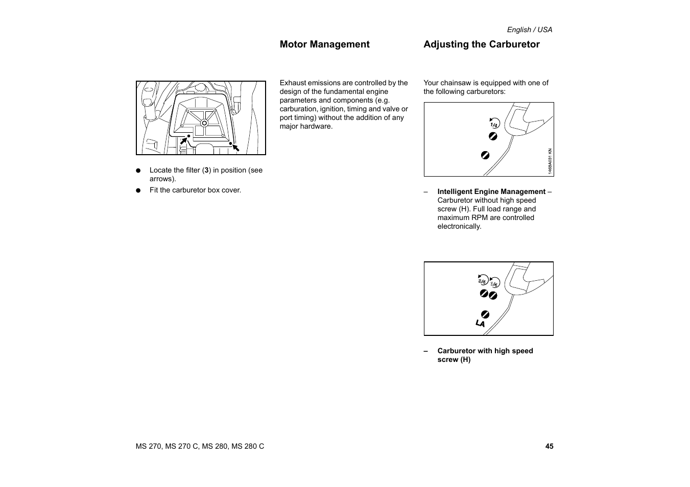 Motor management, Adjusting the carburetor, Motor management adjusting the carburetor | Solo USA MS 270 User Manual | Page 46 / 134