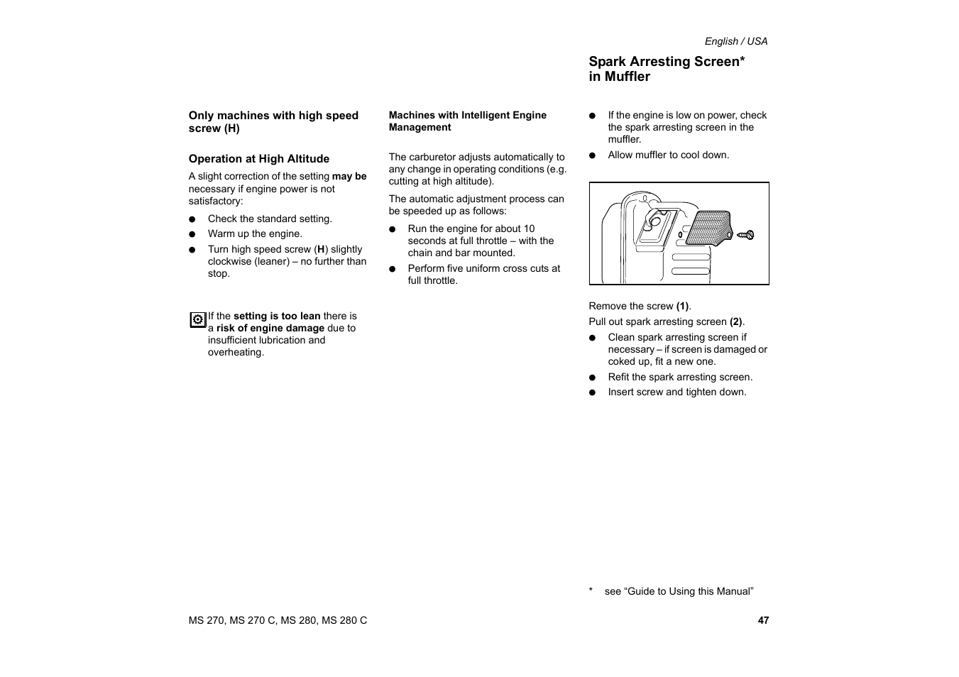 Spark arresting screen* in muffler, Chispero* en silenciador, Spark arresting screen in muffler | Solo USA MS 270 User Manual | Page 48 / 134