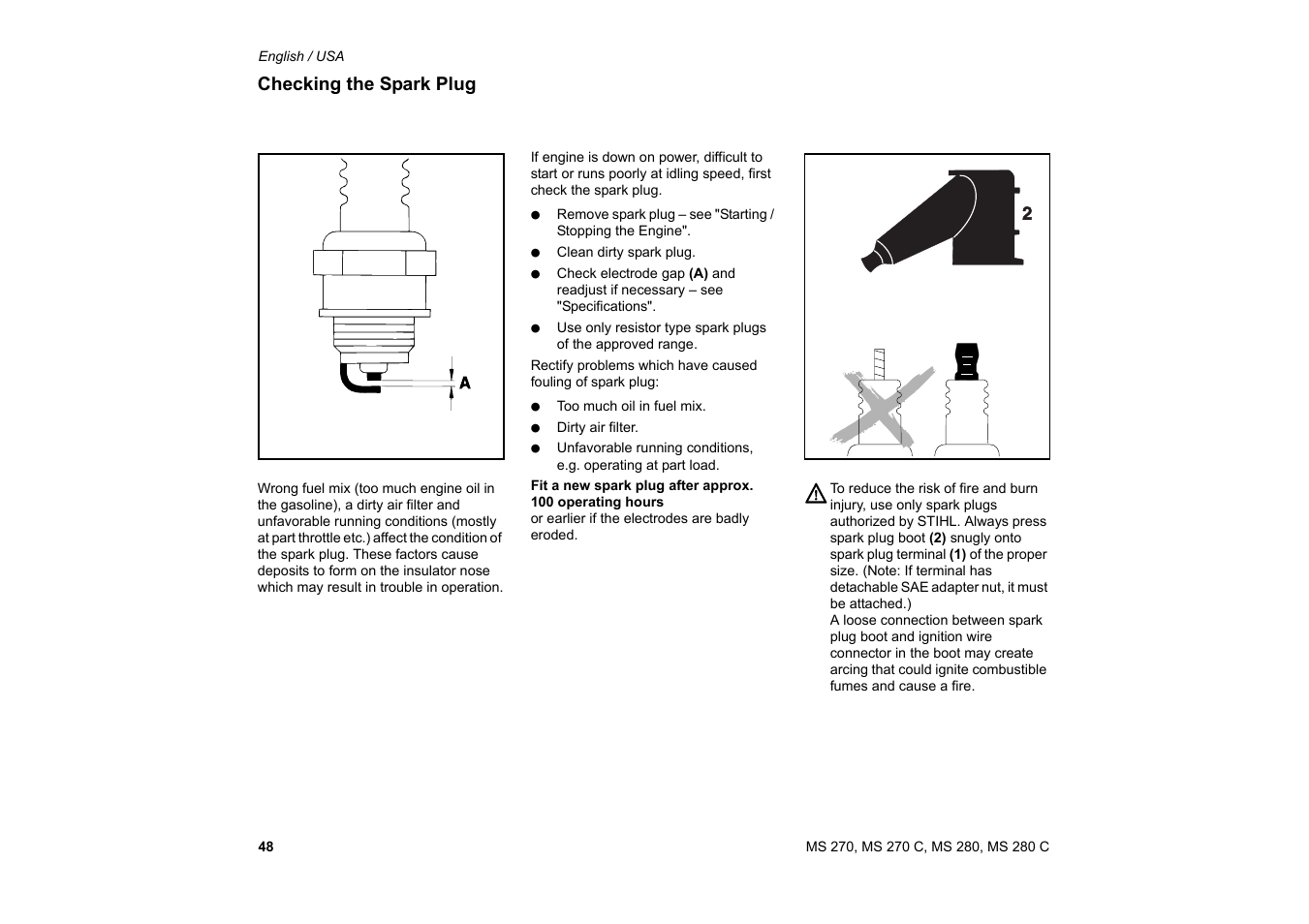 Checking the spark plug, Revisión de la bujía | Solo USA MS 270 User Manual | Page 49 / 134