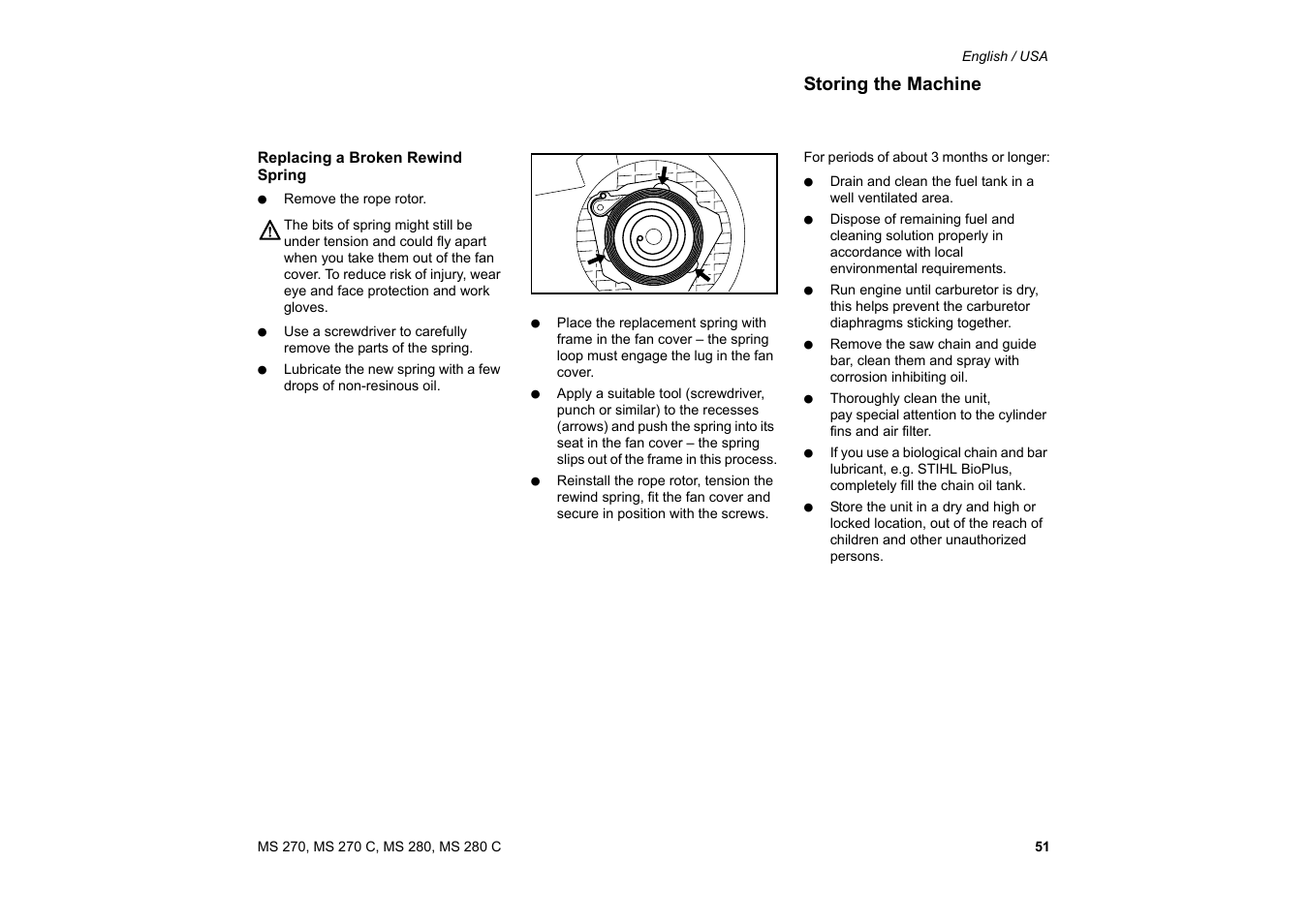 Storing the machine, Almacenamiento de la máquina | Solo USA MS 270 User Manual | Page 52 / 134