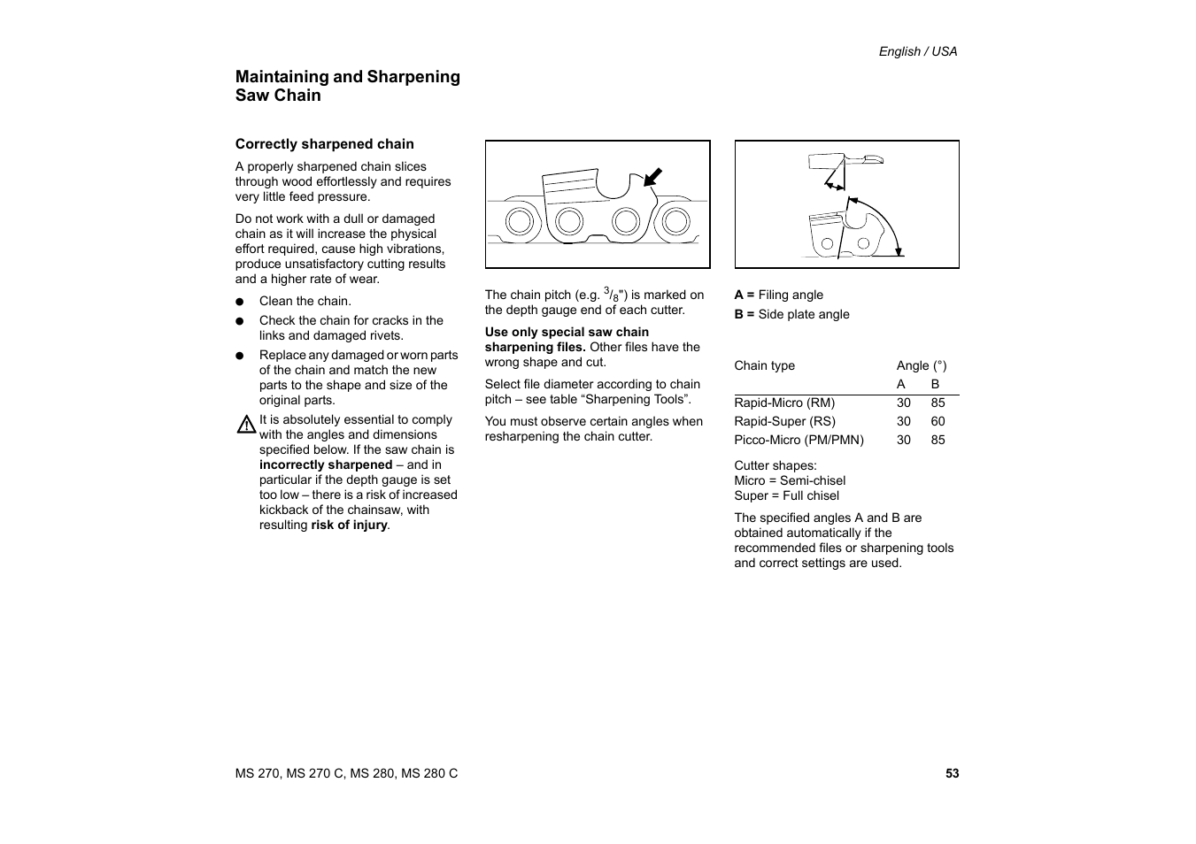 Maintaining and sharpening saw chain, Mantenimiento y afilado de la cadena de sierra | Solo USA MS 270 User Manual | Page 54 / 134