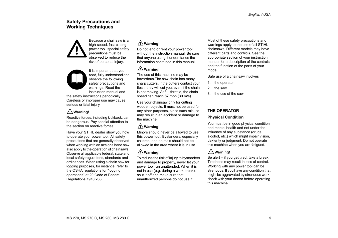 Safety precautions and working techniques | Solo USA MS 270 User Manual | Page 6 / 134