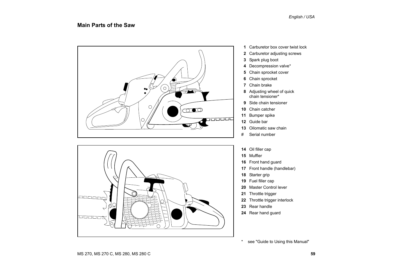 Main parts of the saw, Piezas y controles | Solo USA MS 270 User Manual | Page 60 / 134