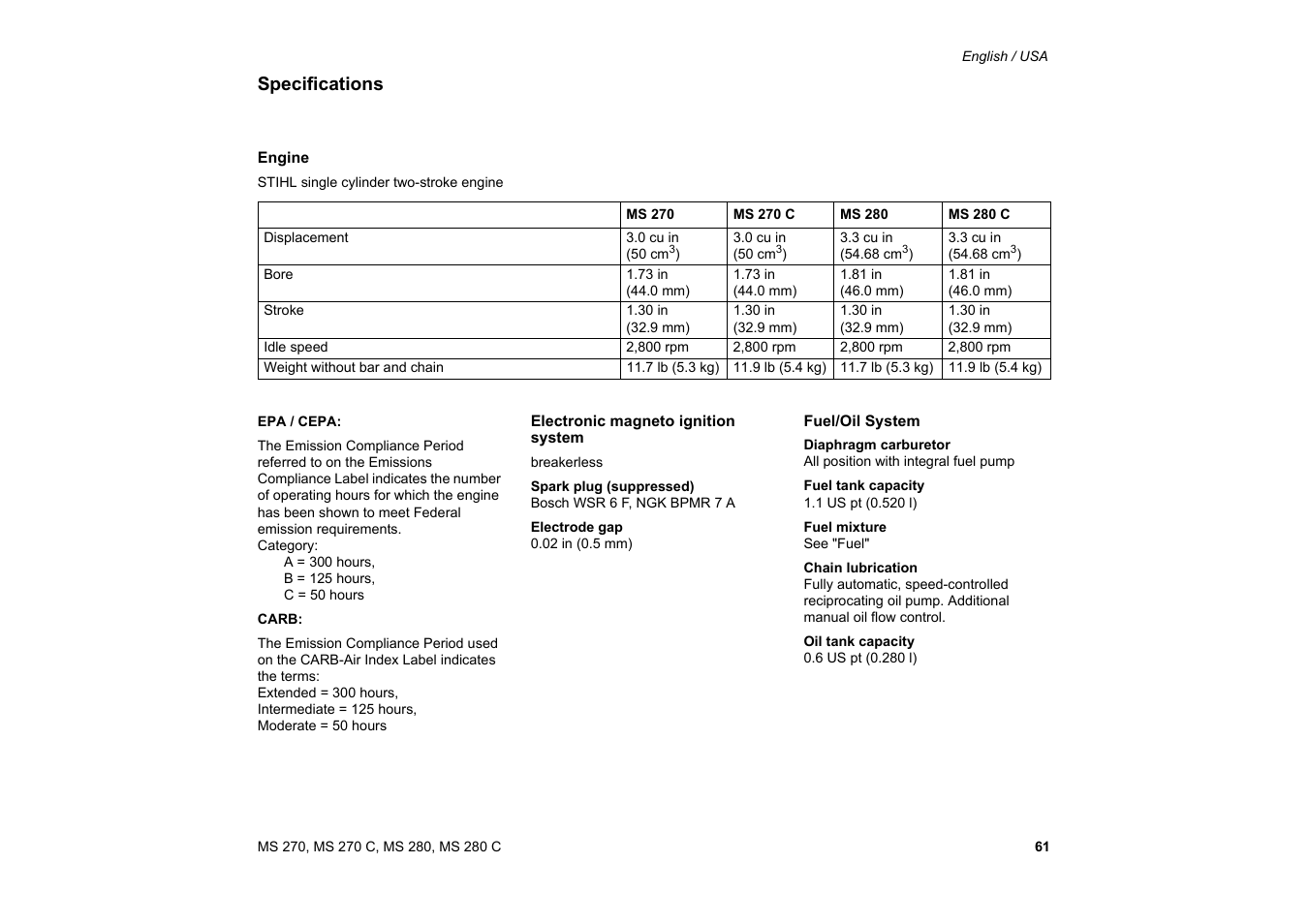 Specifications, Accesorios especiales | Solo USA MS 270 User Manual | Page 62 / 134