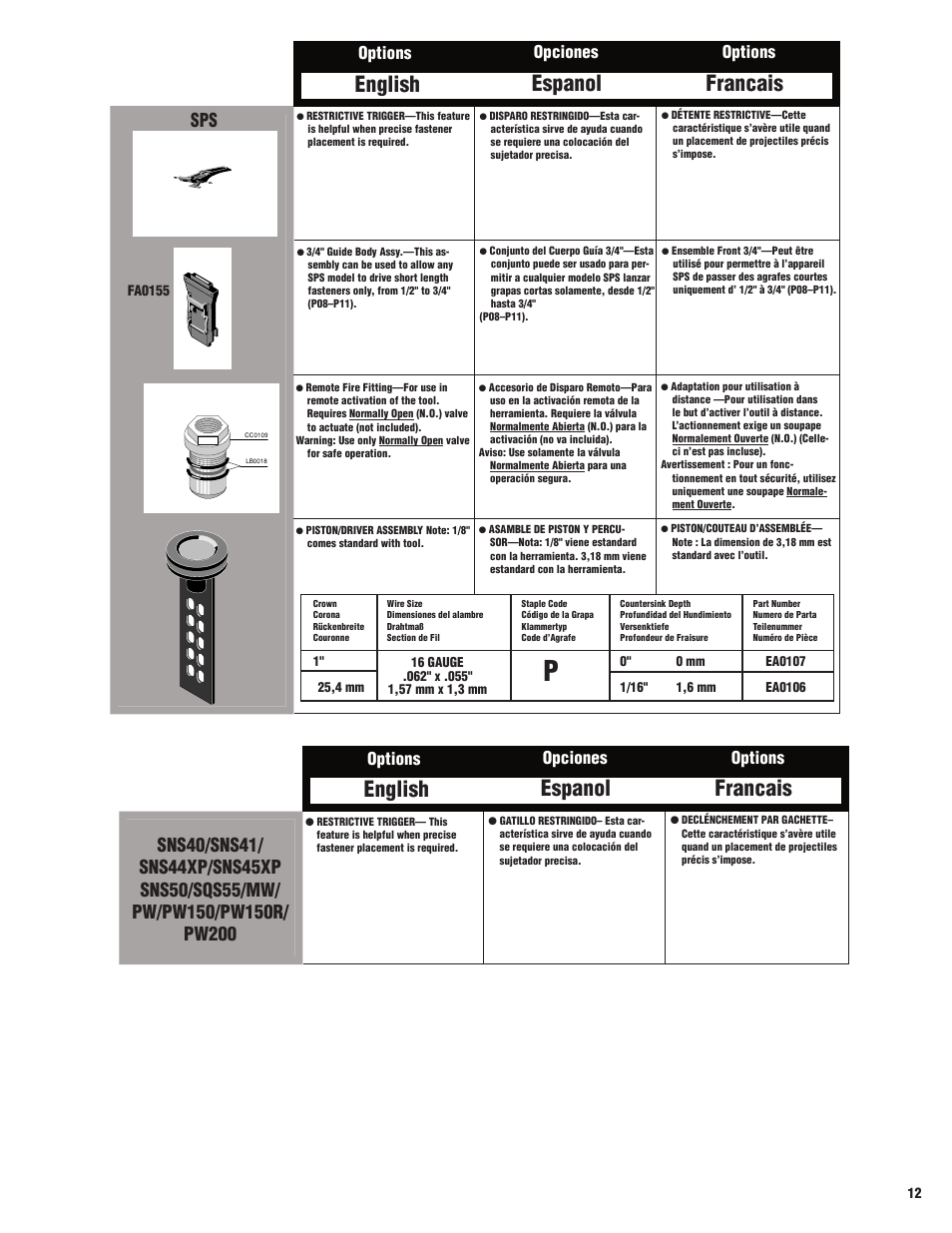 English espanol francais, Options opciones options | Senco M3 User Manual | Page 13 / 16