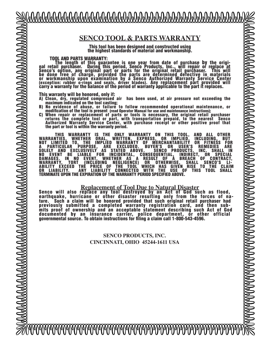 Senco tool & parts warranty, Replacement of tool due to natural disaster | Senco M3 User Manual | Page 16 / 16