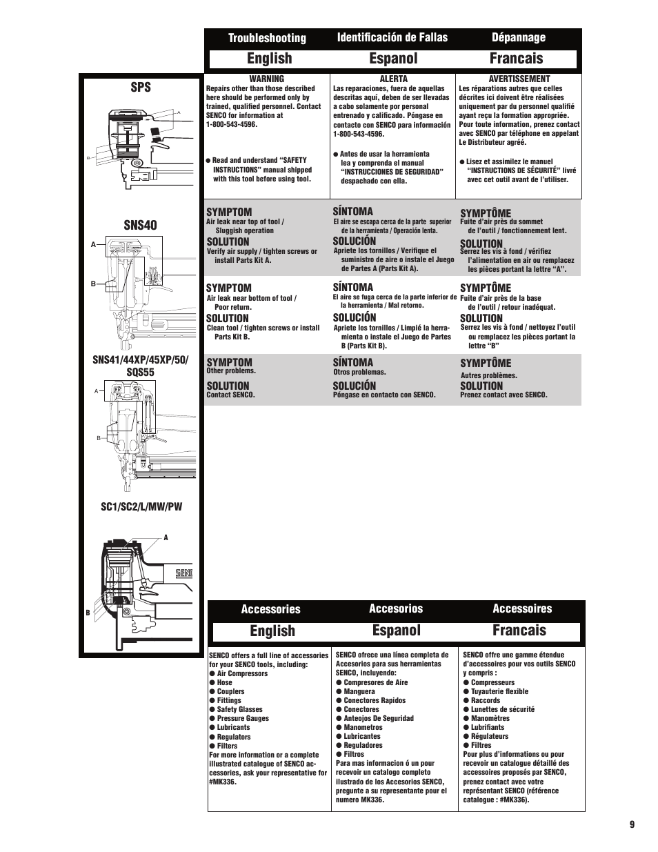 English espanol francais, Sns40, Accessories accesorios accessoires | Troubleshooting identificación de fallas dépannage, Symptôme, Solution, Symptom, Symptom solution, Síntoma, Solución | Senco M3 User Manual | Page 9 / 16