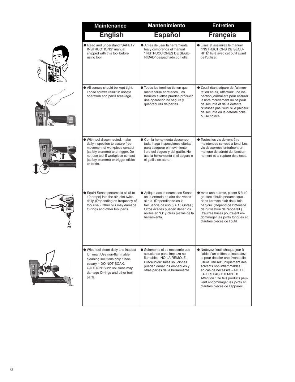 English español français, Maintenance mantenimiento entretien | Senco WC150XP User Manual | Page 6 / 12