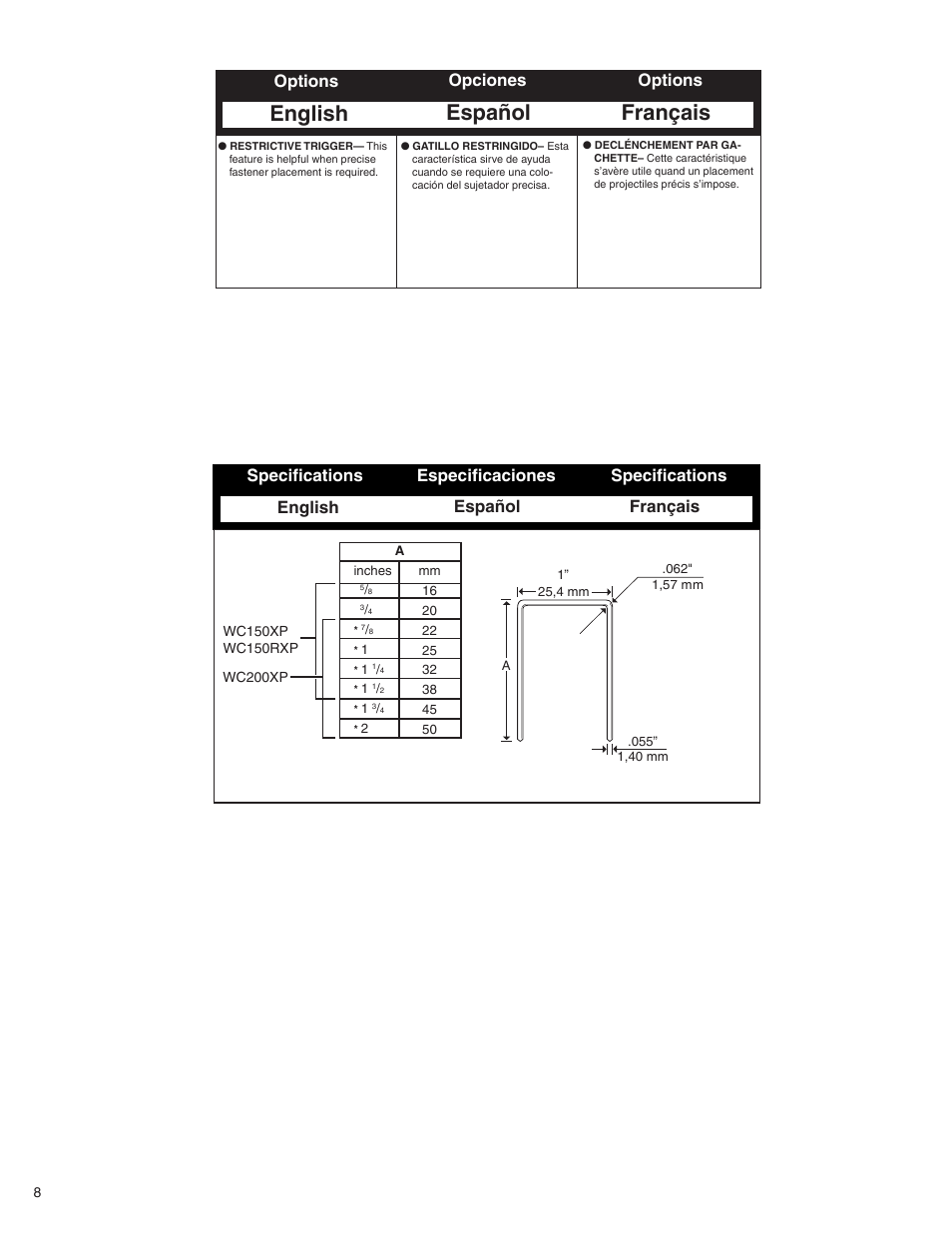 English español français, Options opciones options | Senco WC150XP User Manual | Page 8 / 12