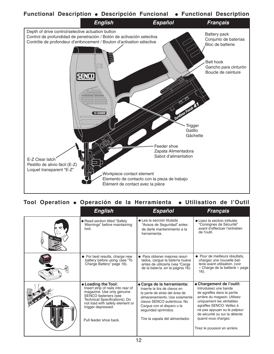 Tool operation, Operación de la herramienta, Utilisation de l’outil | Functional description, Descripción funcional, English español français | Senco Nail Gun User Manual | Page 12 / 22