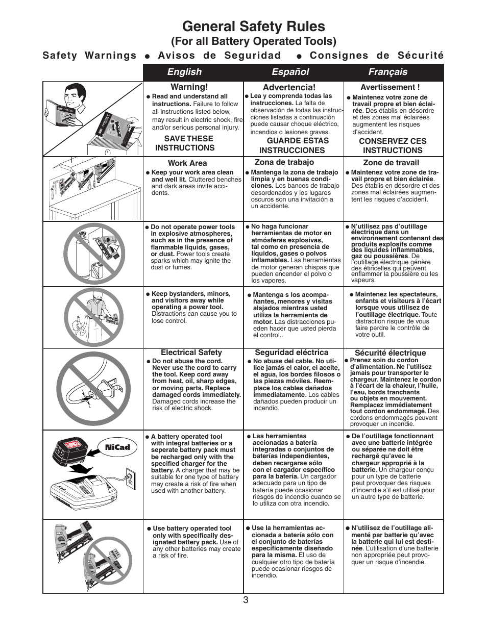 General safety rules, For all battery operated tools), Safety warnings | Avisos de seguridad, Consignes de sécurité, English español français, Warning, Advertencia | Senco Nail Gun User Manual | Page 3 / 22