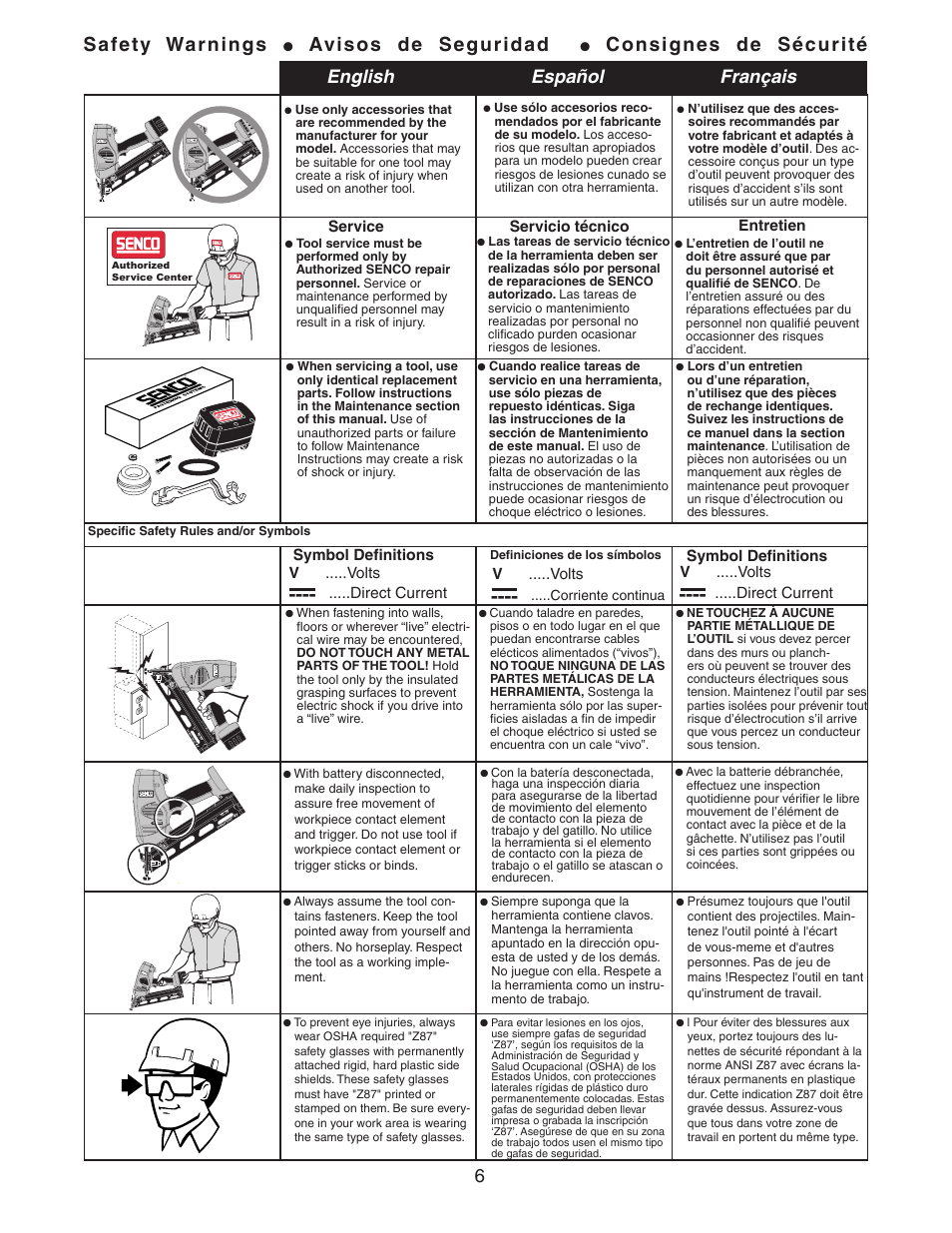 Safety warnings, Avisos de seguridad, Consignes de sécurité | English español français | Senco Nail Gun User Manual | Page 6 / 22