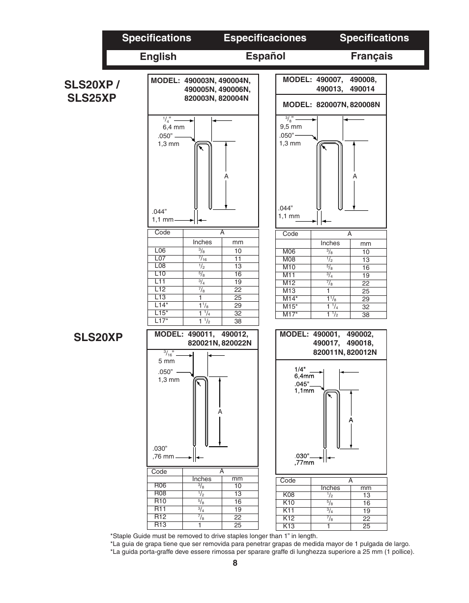 Sls20xp, Sls20xp / sls25xp | Senco SLS25XP User Manual | Page 8 / 10