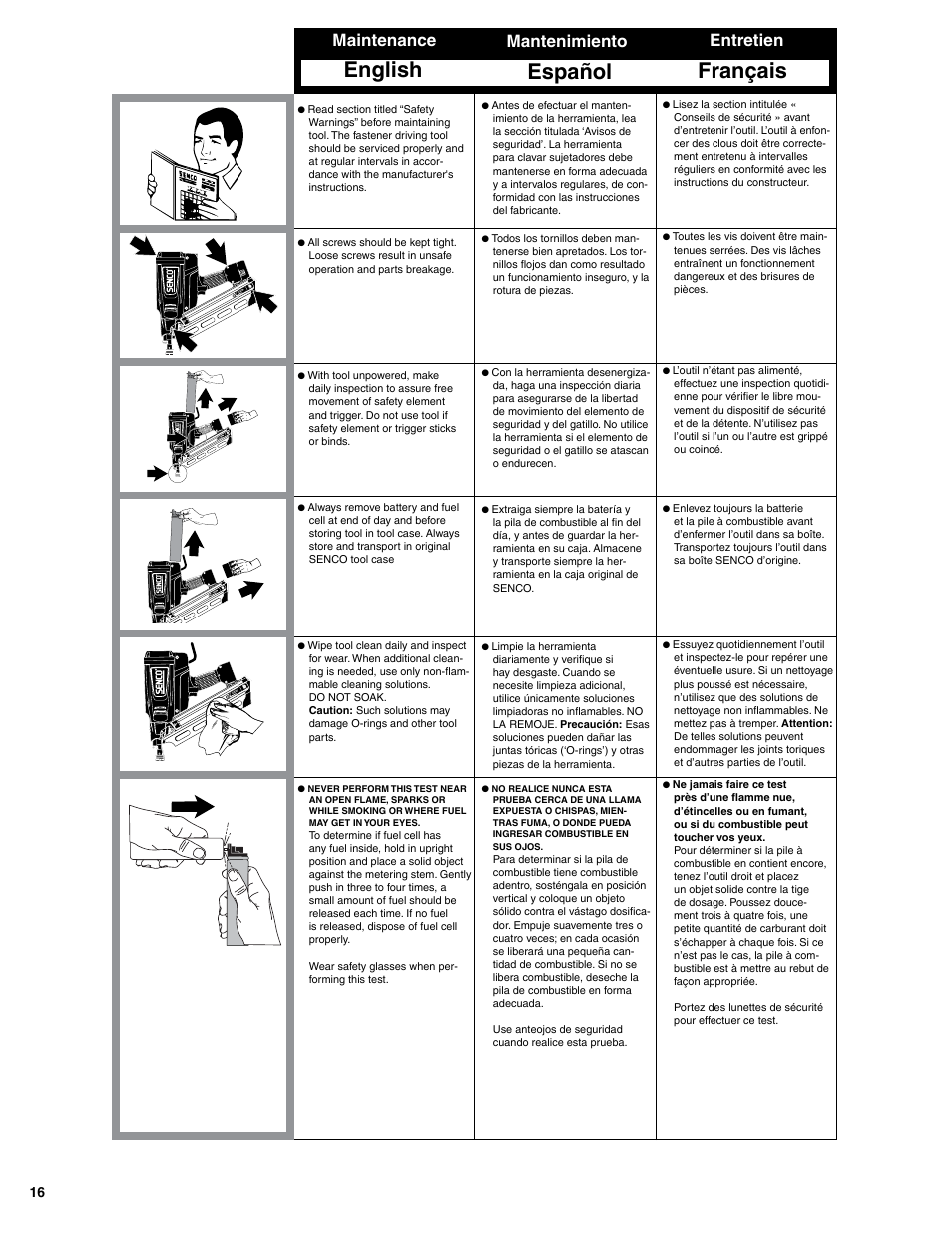 English, Français, Español | Maintenance, Entretien, Mantenimiento | Senco GT90FRH User Manual | Page 16 / 24
