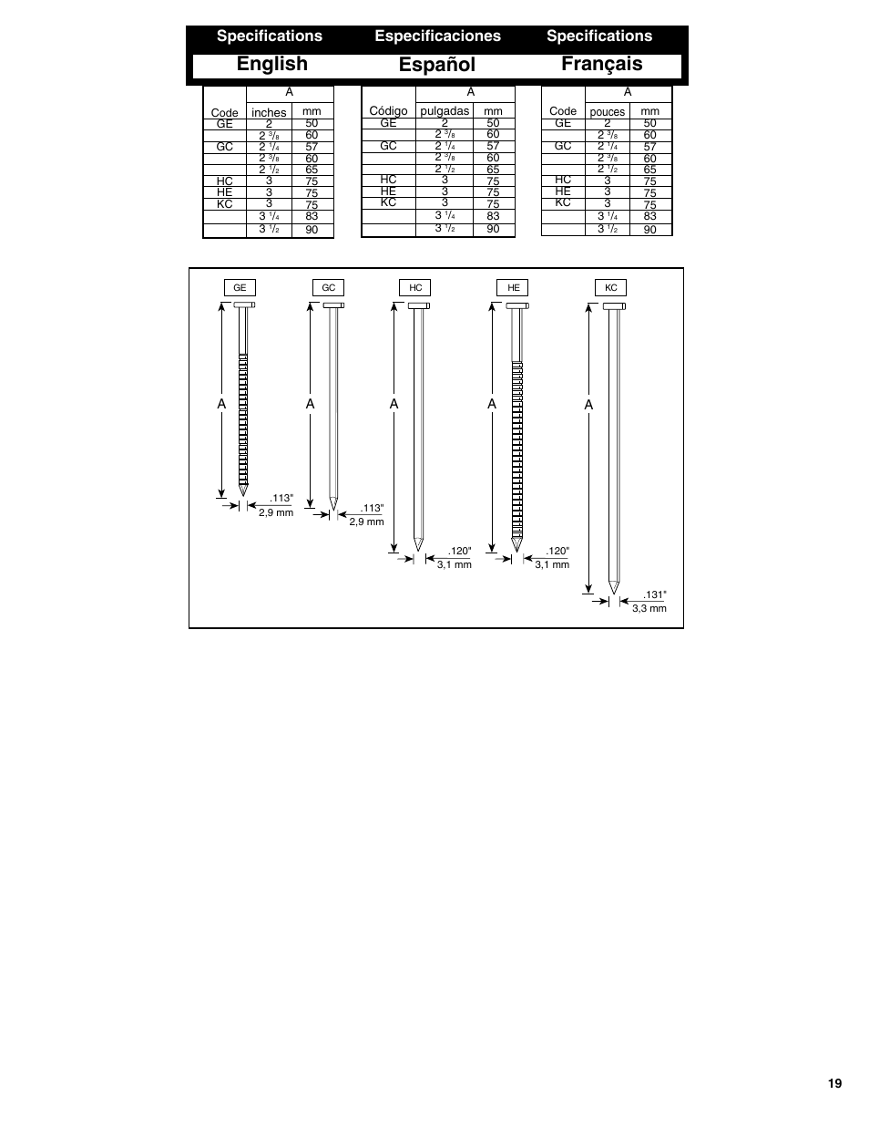 English, Français, Español | Specifications, Especificaciones | Senco GT90FRH User Manual | Page 19 / 24