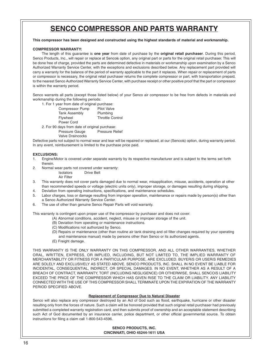 Senco compressor and parts warranty | Senco PC0967 User Manual | Page 16 / 48