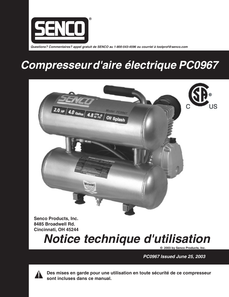 Notice technique d'utilisation, Compresseur d'aire électrique pc0967 | Senco PC0967 User Manual | Page 17 / 48