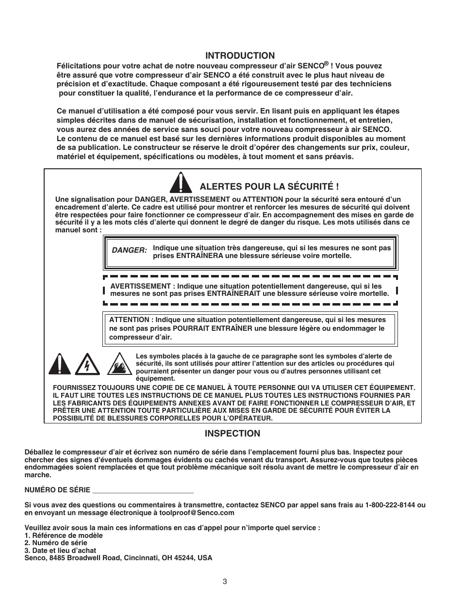 Introduction, Inspection, Alertes pour la sécurité | Senco PC0967 User Manual | Page 19 / 48