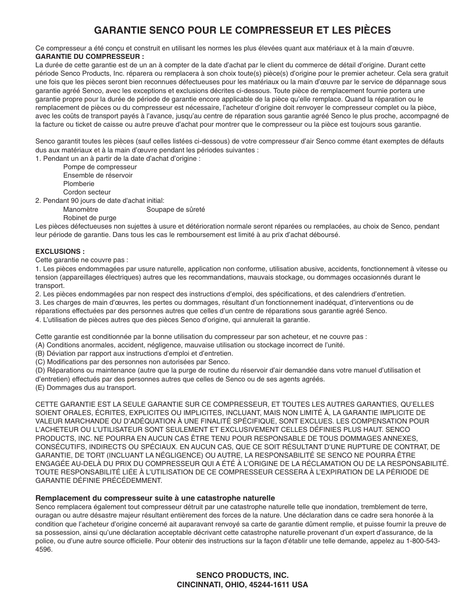 Garantie senco pour le compresseur et les pièces | Senco PC0967 User Manual | Page 32 / 48