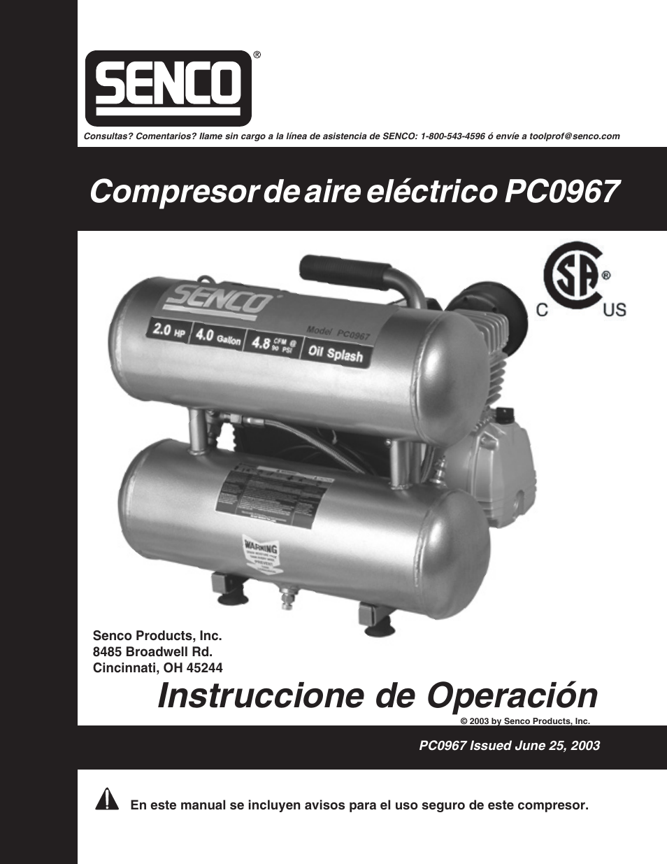 Instruccione de operación, Compresor de aire eléctrico pc0967 | Senco PC0967 User Manual | Page 33 / 48