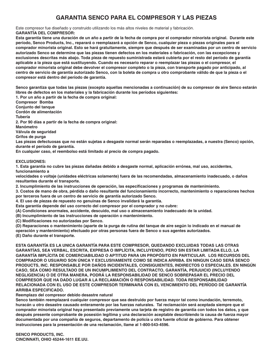 Garantia senco para el compresor y las piezas | Senco PC0967 User Manual | Page 48 / 48