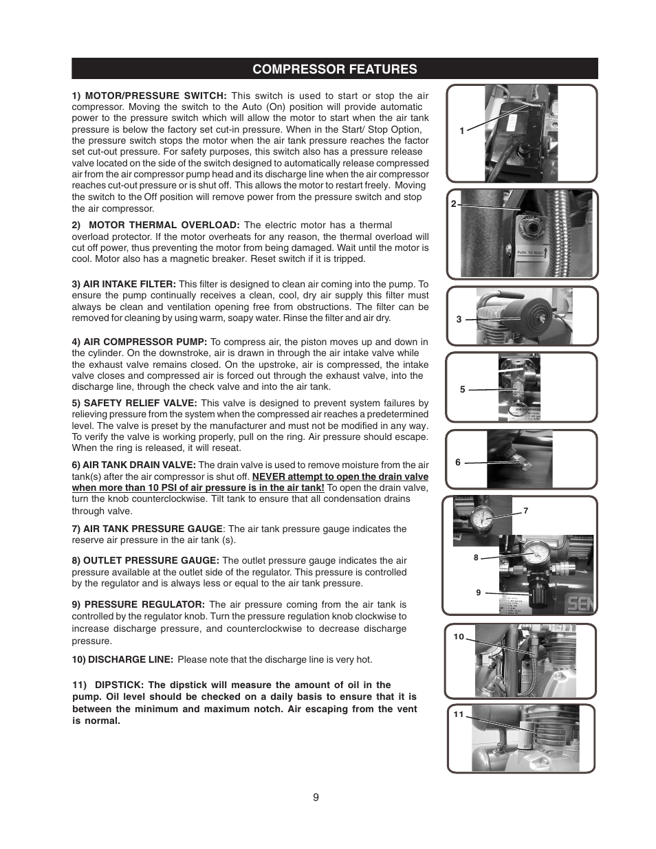 Compressor features | Senco PC0967 User Manual | Page 9 / 48