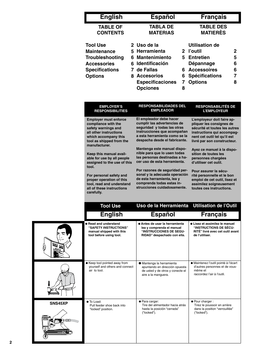 English español français english español français | Senco SNS45XP User Manual | Page 2 / 12