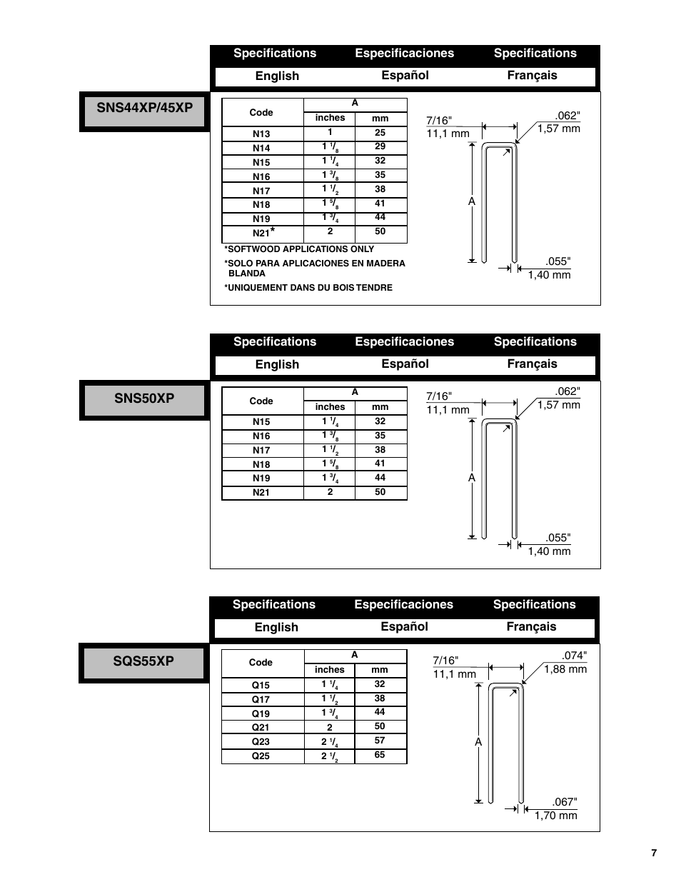 Sqs55xp, Sns44xp/45xp, Sns50xp | Senco SNS45XP User Manual | Page 7 / 12