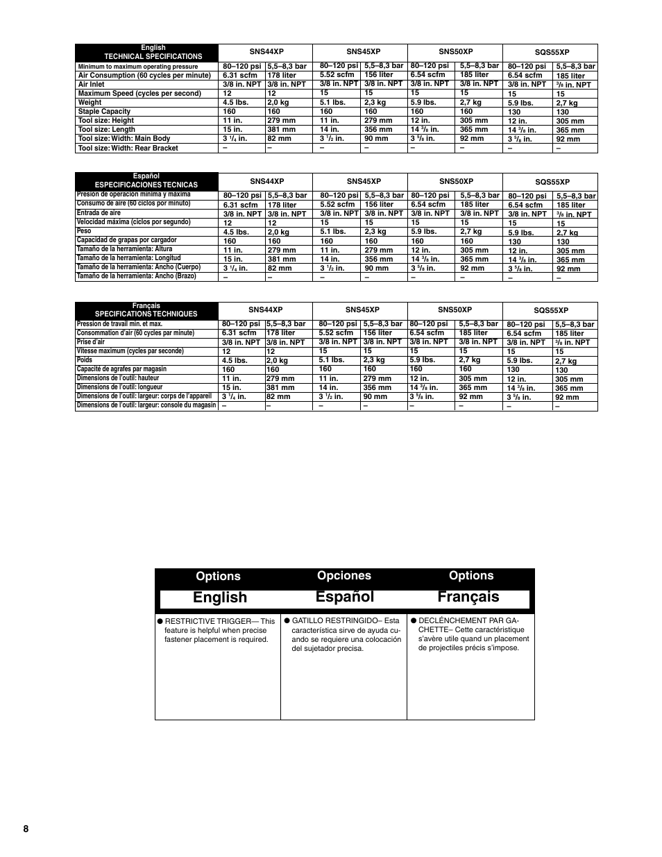 English español français, Options opciones options | Senco SNS45XP User Manual | Page 8 / 12