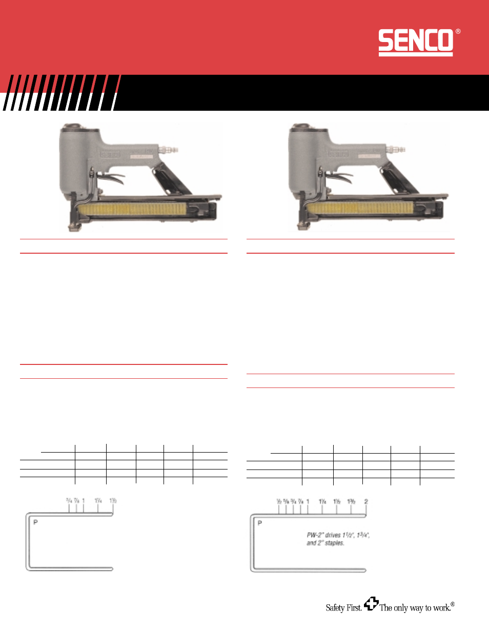 Wide-crown staplers mw & pw, Tool specifications, Fastener specifications | Fastener specifications: p series staples | Senco PW-2 User Manual | Page 2 / 2
