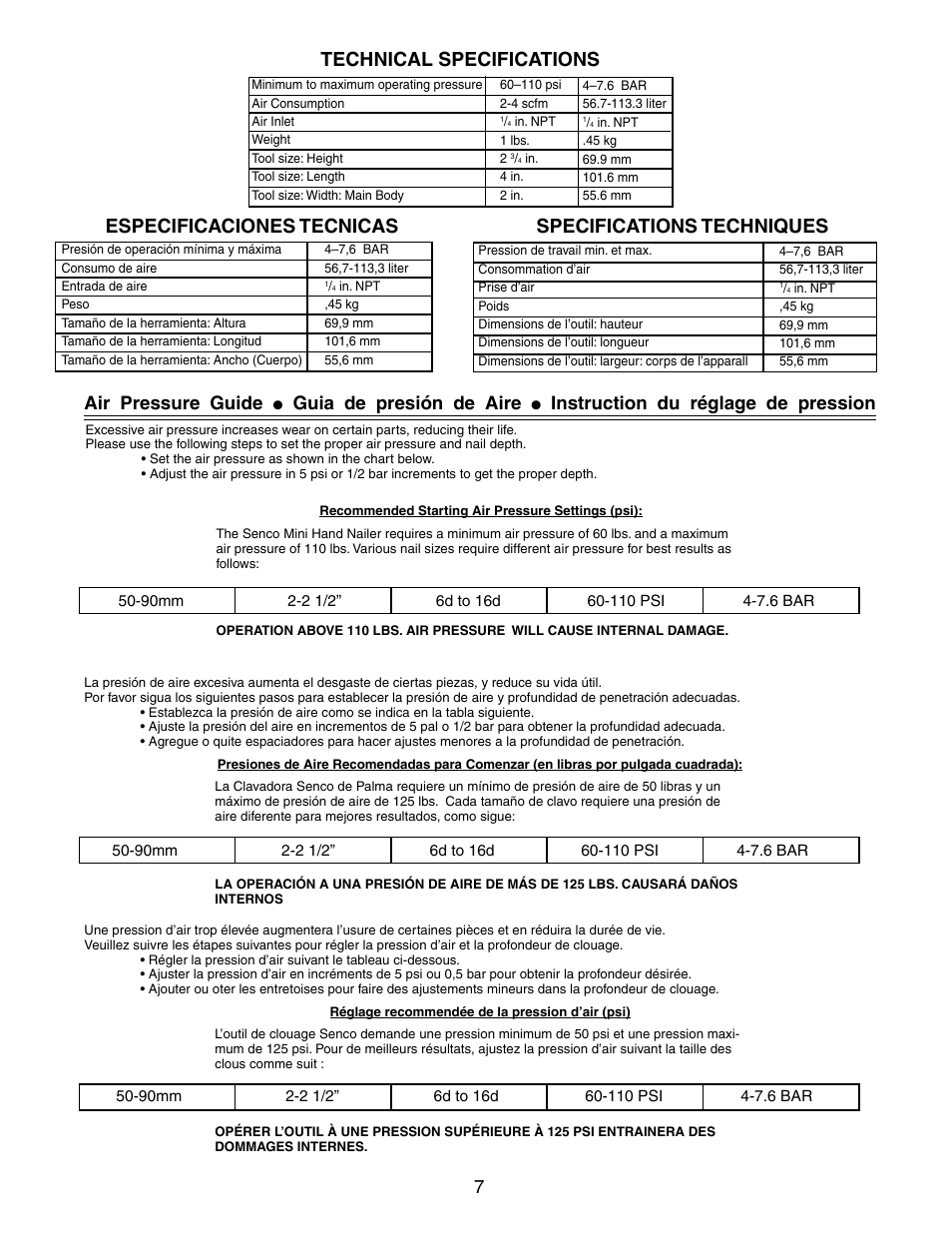 Technical specifications, Especificaciones tecnicas, Specifications techniques | Air pressure guide, Guia de presión de aire, Instruction du réglage de pression | Senco MINI HAND NAILER PC1195 User Manual | Page 7 / 8