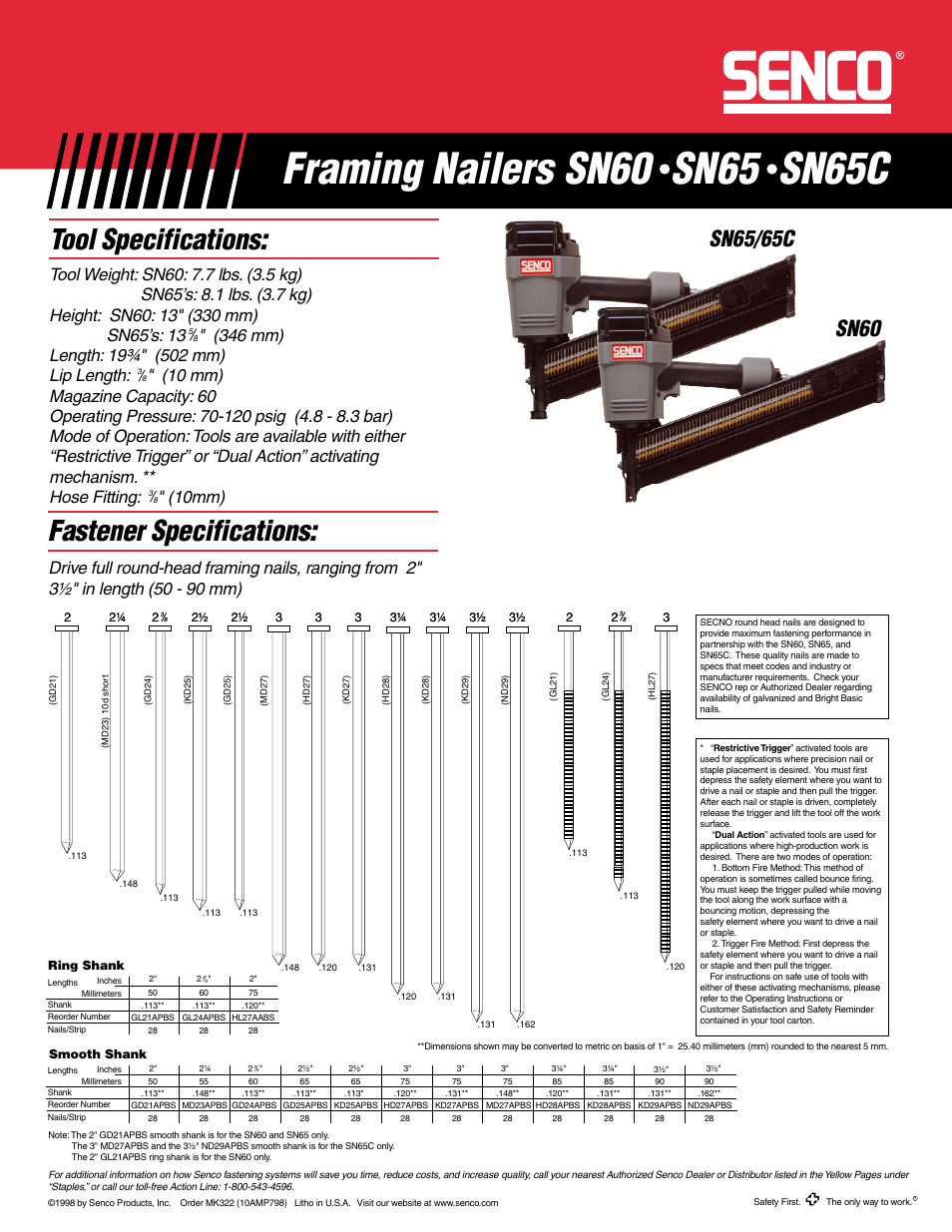 Tool specifications: fastener specifications | Senco SN60 User Manual | Page 2 / 2