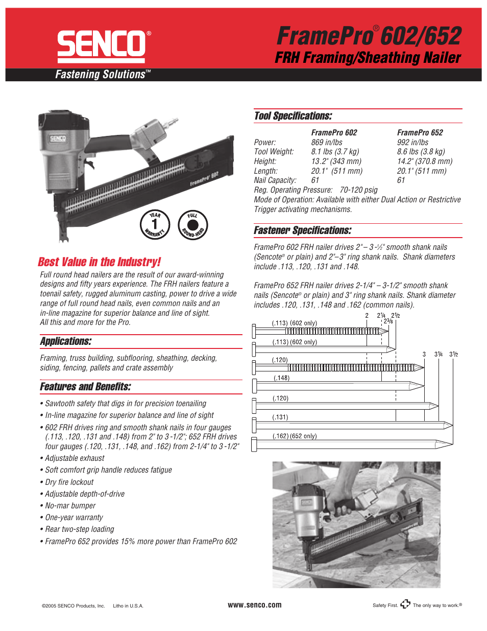 Senco FRH Framing/Sheathing Nailer FramePro 652 User Manual | 2 pages