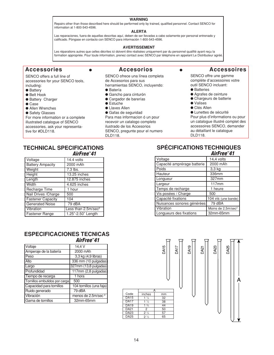Accessories, Technical specifications, Accesorios | Accessoires, Spécifications techniques, Especificaciones tecnicas technical specifications, Airfree, 41 airfree | Senco AirFreeTM 41 User Manual | Page 14 / 16