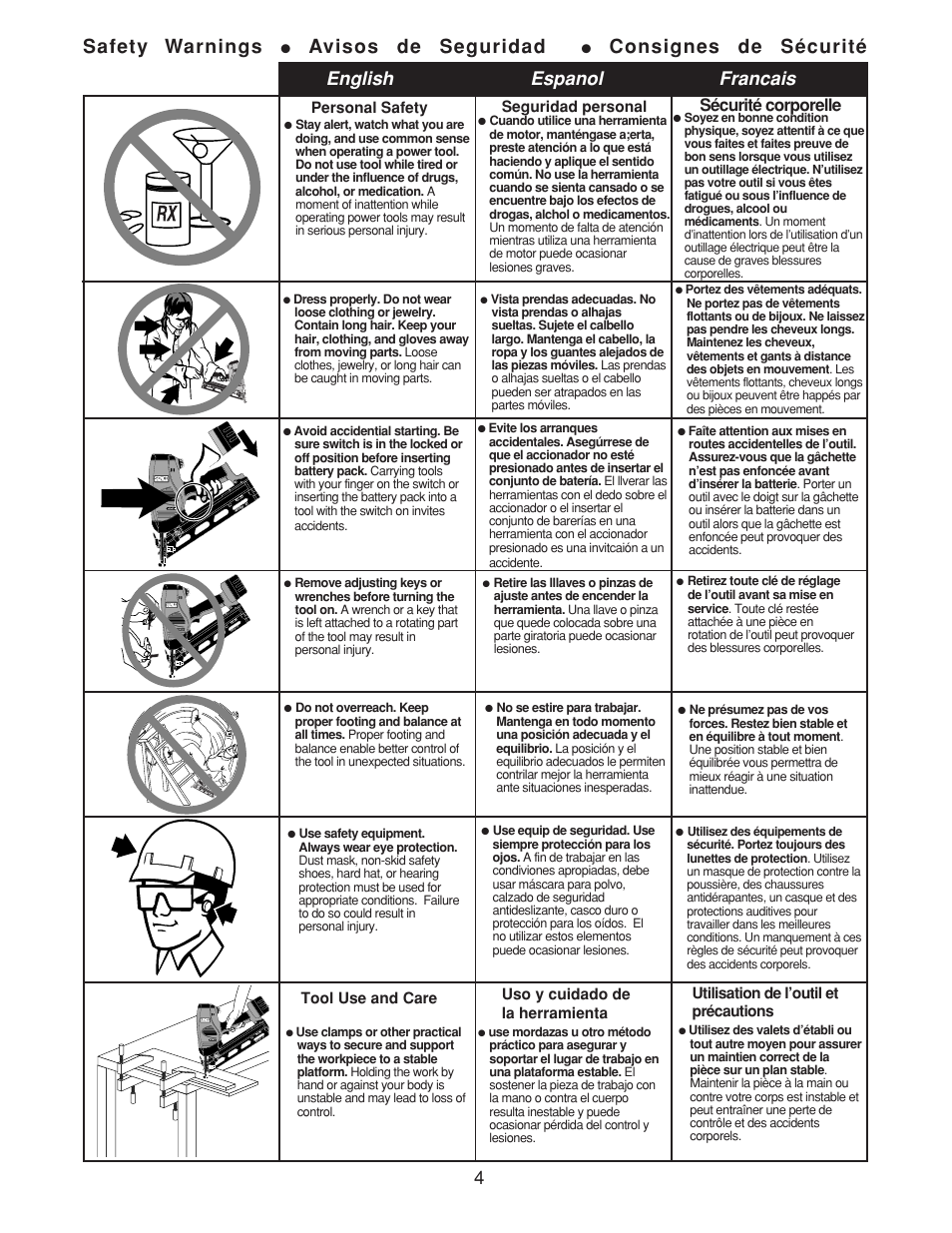 English espanol francais safety warnings, Avisos de seguridad, Consignes de sécurité | Sécurité corporelle, Personal safety, Tool use and care, Seguridad personal, Uso y cuidado de la herramienta, Utilisation de l’outil et précautions | Senco AirFreeTM 41 User Manual | Page 4 / 16