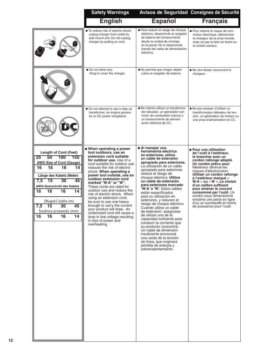 English, Français, Español | Safety warnings, Consignes de sécurité, Avisos de seguridad | Senco GT65RHA User Manual | Page 12 / 24